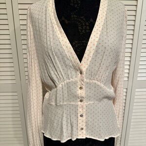 Free People Cream with Pink Polka Dots Button Down